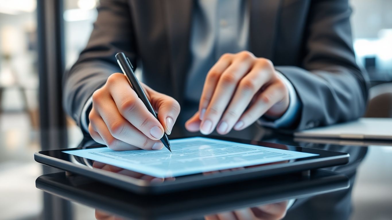Main d'une personne signant un document numérique sur une tablette.