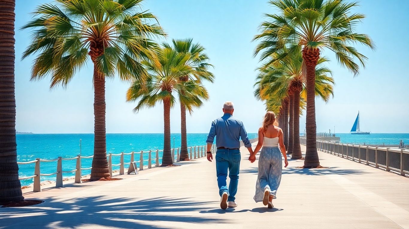 Couple sur la promenade ensoleillée à La Seyne-sur-Mer.